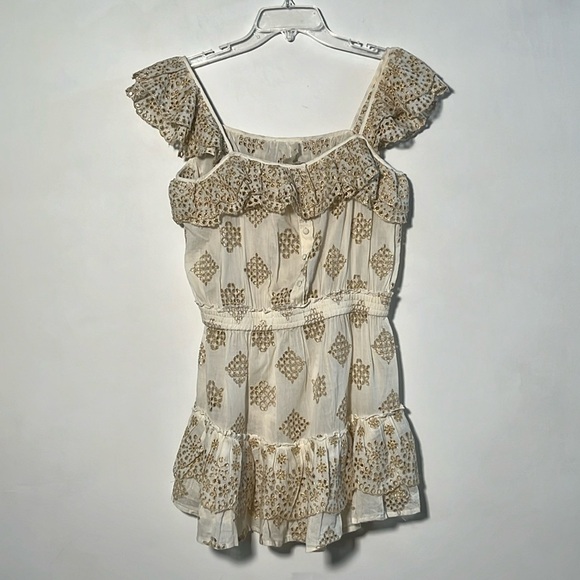 PQ SWIM ANTHRO Haven Cate Ruffle Tier Gold Eyelet Cotton Ecru Resort Mini SZ M/L - Picture 2 of 16